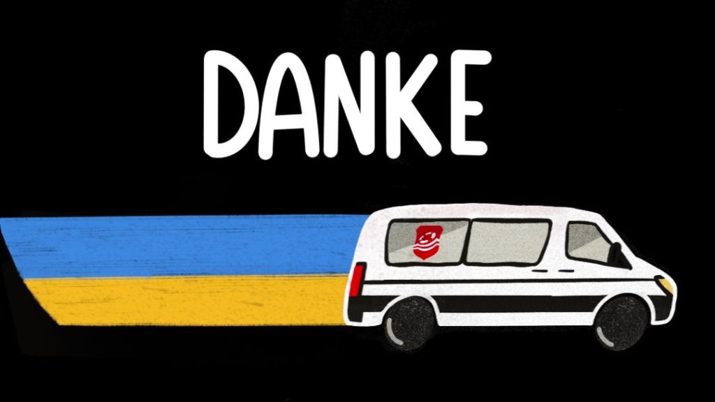 mission lifeline van with the ukraine flag colors streaking behind it