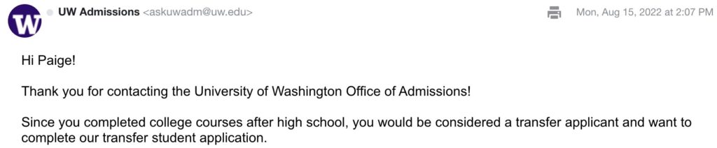 University of Washington admissions email exchange