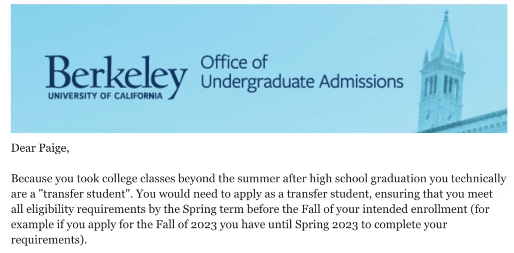 UC Berkely admissions email exchange